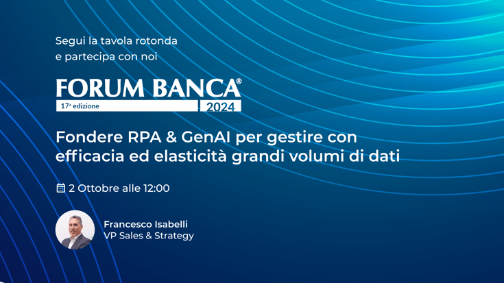 Grafica su sfondo blu che informa della partecipazione di OT Consulting a Forum Banca 2024