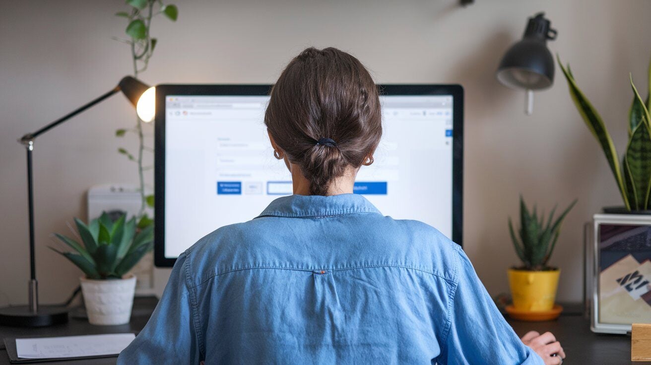 Regazza con i capelli raccolti che lavora a computer